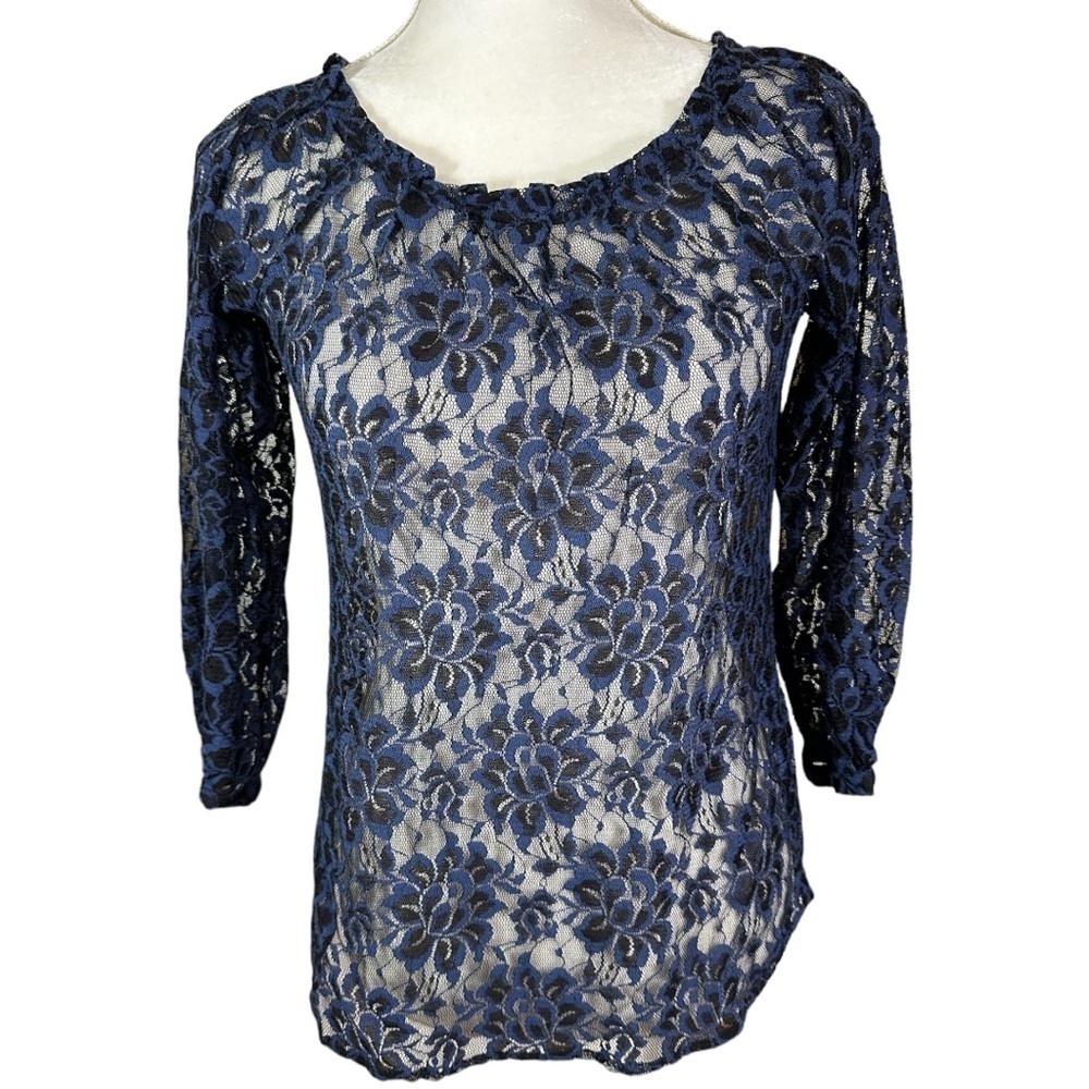 🌸LOFT- Navy Lace Sheer 3/4 Sleeve Overshirt- Size XS